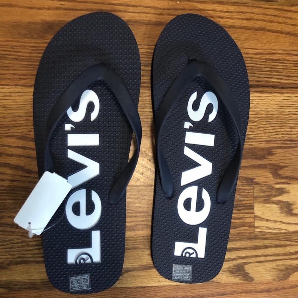 Levis Men Casual Sandal Fit Flop Thong Summer Beach BLACK White logo XL(12/13)